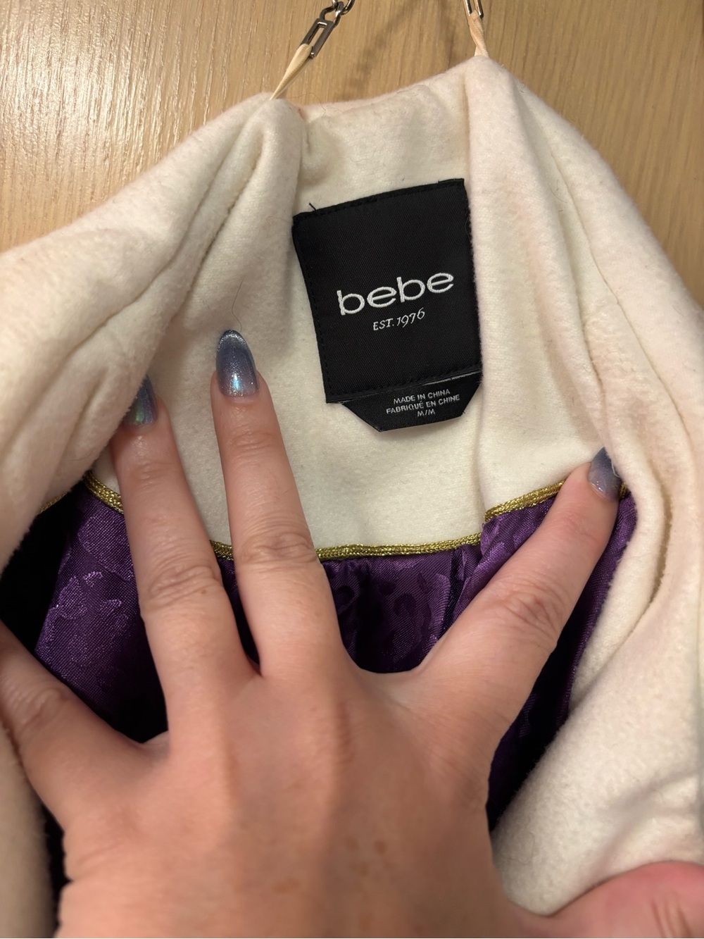 bebe Cream Coat with Purple Satin Interior and Gold Trim